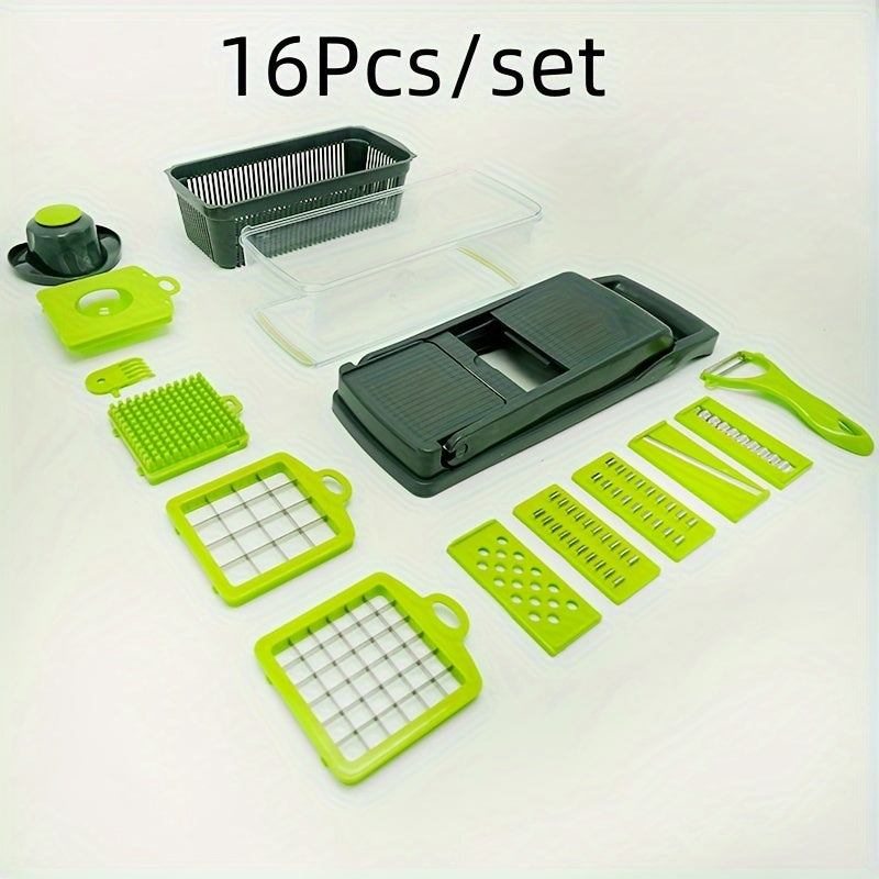 6/16pcs/Set, Vegetable Chopper, Multifunctional Fruit Slicer, Manual Food Grater, Vegetable Slicer, Cutter With Container, Onion Mincer Chopper, Household Potato Shredder, Kitchen Stuff, Kitchen Gadgets, Dorm Essentials