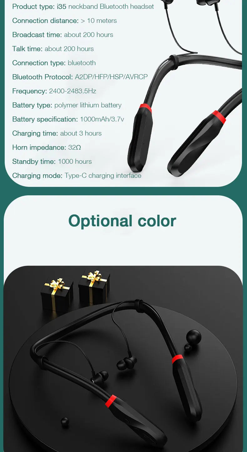 EARDECO 200 Hour Playback Bluetooth Headphone Bass Wireless Headphones Neckband Earphone with Mic Sport Music Headset Stereo