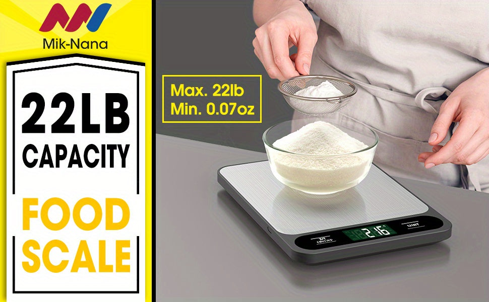 1pc, Food Scale Black, 22lb/10kg Digital Kitchen Scale Grams And Oz For Baking Cooking And Weight Loss, 1g/0.04oz Precise Graduation, Easy Clean Stainless Steel, Kitchen Gadgets, Kitchen Supplies, Kitchen Tools, Kitchen Stuff