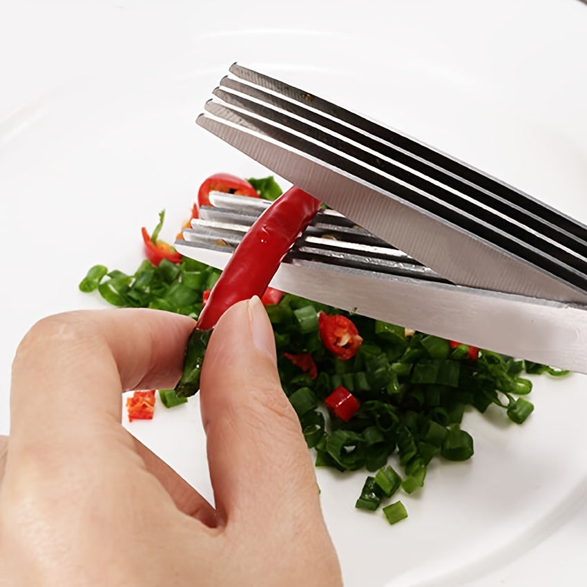 1pc, Stainless Steel Kitchen Scissors, Multi Layer Vegetable Scissors, Green Onion Scissors With 5 Blabe, Multifunctional Kitchen Cutter, Vegetable Shears, Kitchen Gadgets, Kitchen Supplies